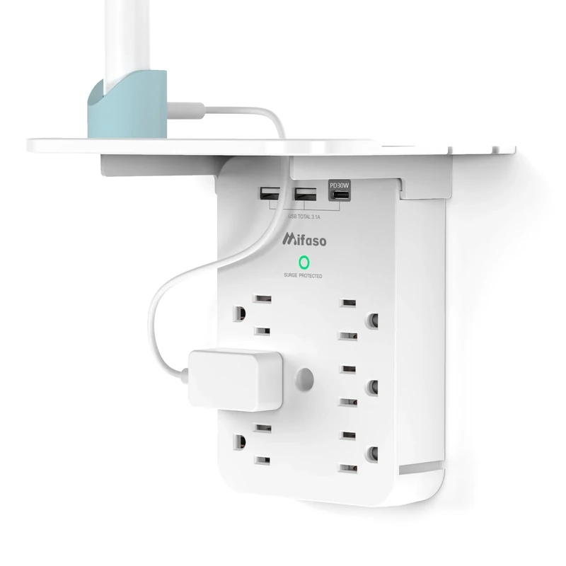 Mifaso Outlet Extender - 6 AC Outlets, 30W USB-C, 2 USB, Shelf, Surge
