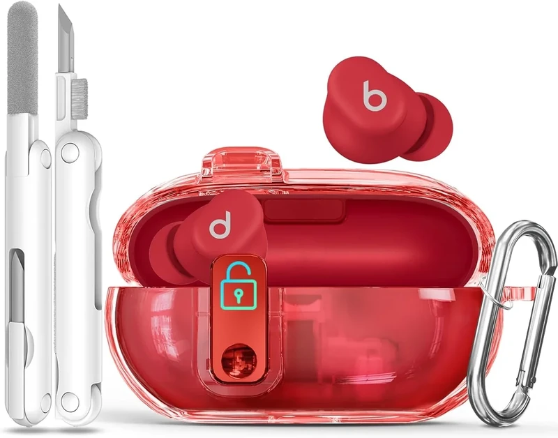 Seucre Lock Case for Beats Solo Buds 2024, with 3-in-1 Cleaner & Keychain, Ekoonpft Soft TPU Cases Cover Compatibility with Beats Solo Buds Wireless Bluetooth Earbuds, Full Protection (Clear Red)