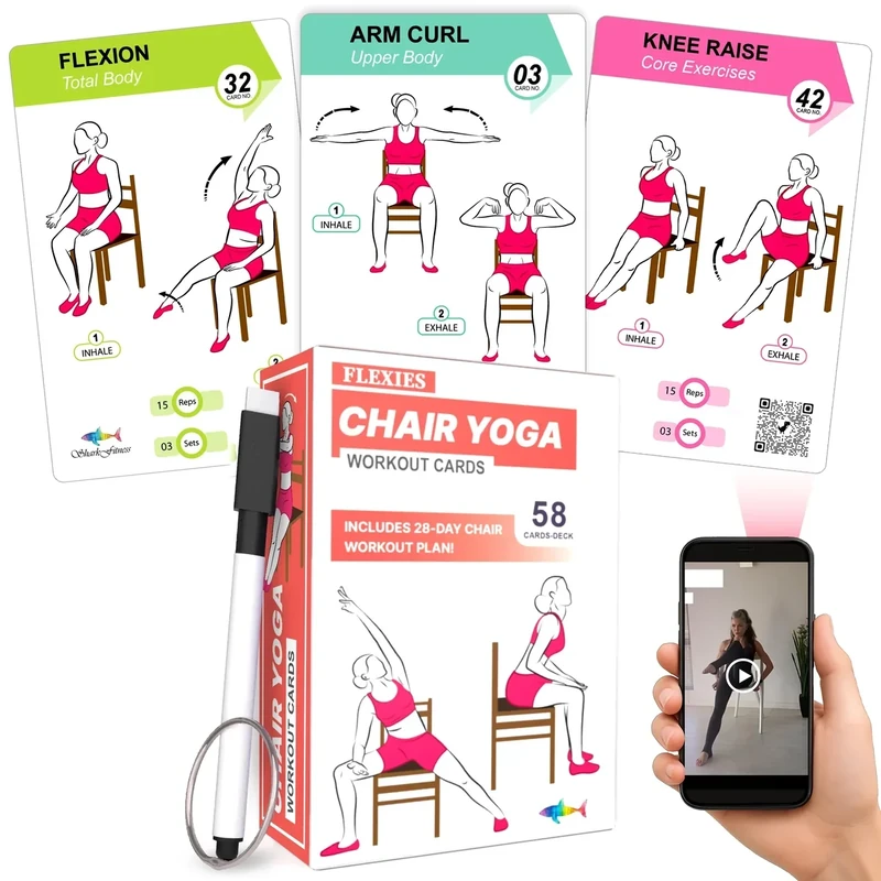 Flexies Chair Yoga Workout Cards with video Instructions – 58 Seated Exercise Cards for Strength, Flexibility & Weight Loss | Includes Postures, Instructions & Breathing Tips | Free Ring & Dry-Erase Marker to Customize 28 Day Chair Workout Chart