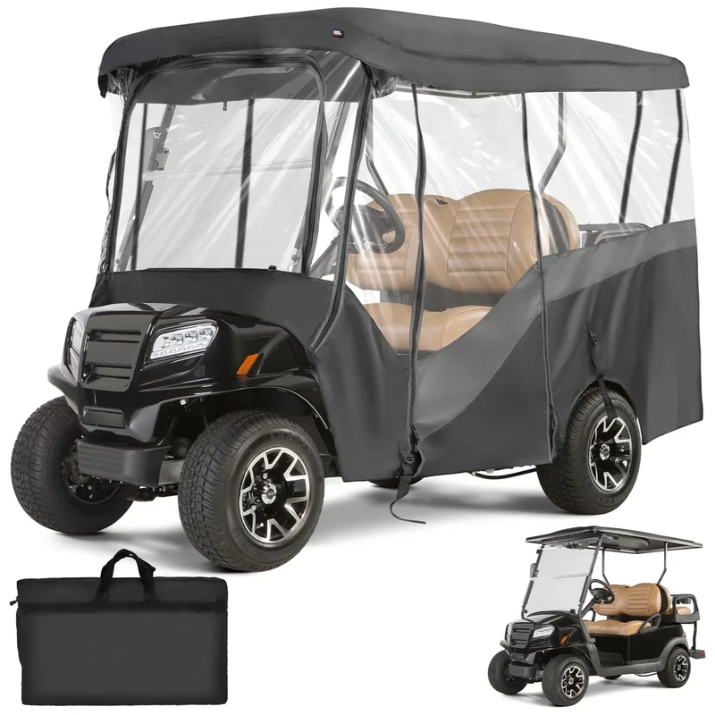 KEMIMOTO Golf Cart Enclosure, 4 Passenger Golf Cart Rain Cover, 600D Waterproof Driving Enclosure with Clear PVC Windshield for Extended Roof Golf Cart