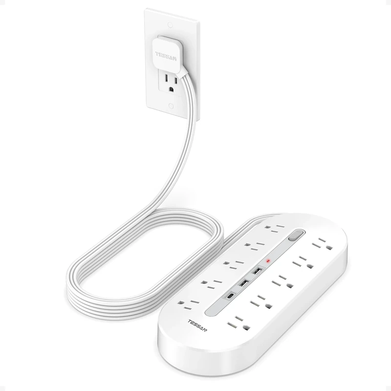 TESSAN 10ft Surge Protector - 10 AC Outlets, 3 USB (1 USB-C) Flat Plug