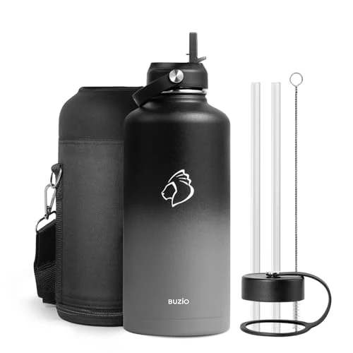 BUZIO 87oz Insulated Water Bottle, (Cold for 48 Hrs) Triple Wall Stainless Steel Water Flask with Straw Lid & Carrying Sleeve, Leak Proof & BPA-Free Large Jug for Camping Sports Gym, Black Gray