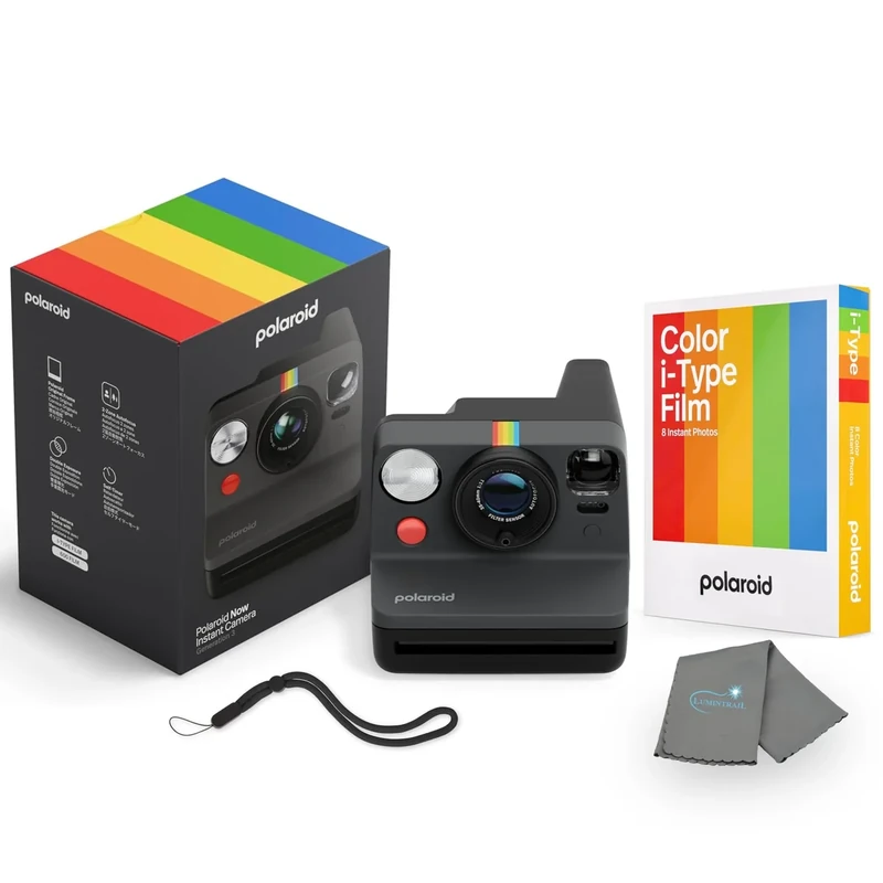 Polaroid Now 3rd Generation i-Type Instant Camera + 8 i-Type Color Film Bundle, Black, Polaroid Camera Bundle with a Lumintrail Lens Cleaning Cloth