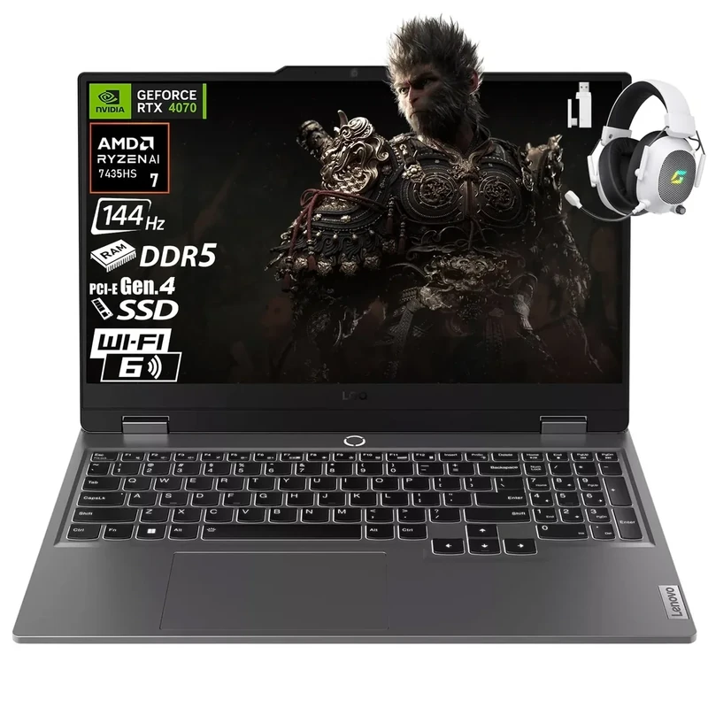 Lenovo LOQ 4070 Gaming Laptop, 15.6" FHD IPS 144Hz Display, AMD Ryzen 7 7435HS, NVIDIA GeForce RTX 4070, 32GB DDR5, 1TB Gen 4 SSD, WiFi 6, DLSS 3, Nahimic Audio, Win 11, 2.4GHz Gaming Headset