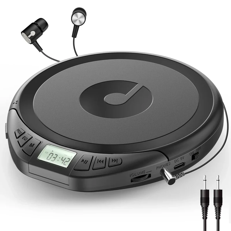 Gueray Portable CD Player with Earphones - Anti-Skip LCD Discman PROG