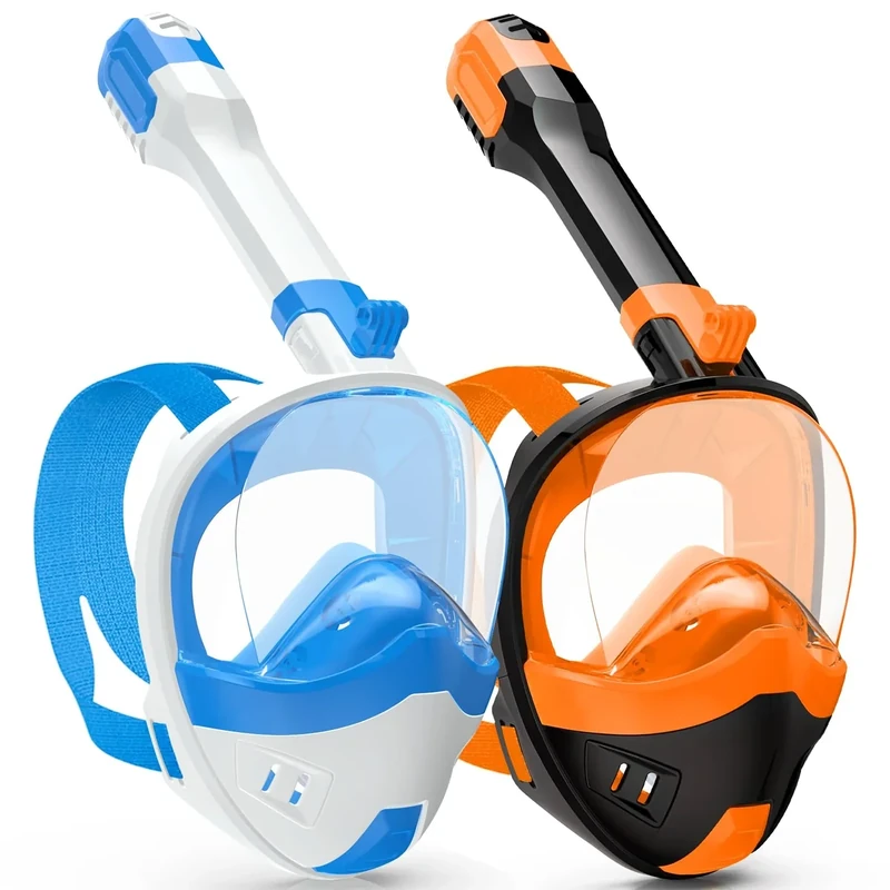 Full Face Snorkel Mask, Snorkeling Gear for Adults Kids with Latest Dry Top Breathing System and Detachable Camera Mount, with 180 Degree Panoramic View (Black Orange+White Blue, S/M)