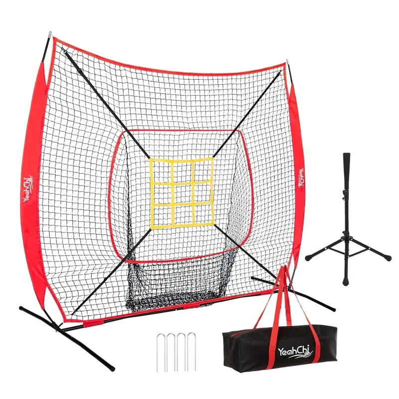 YeahChi 7×7FT Baseball Net with Batting Tee and Strike Zone Target, Portable Hitting Pitching Batting Training Net, Baseball and Softball Training Equipment,Suitable for All Skilled Levels