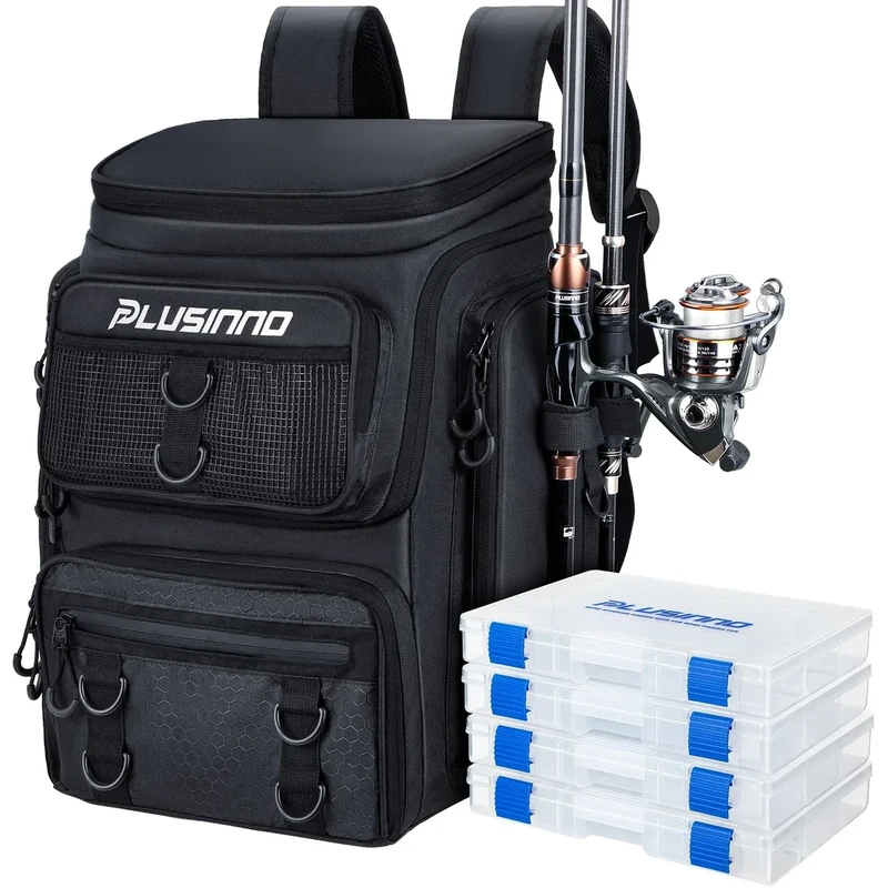 PLUSINNO Fishing Backpack with Rod Holders Tackle Box, 42L Large Water-resistant Tackle Bag Store Fishing Gear