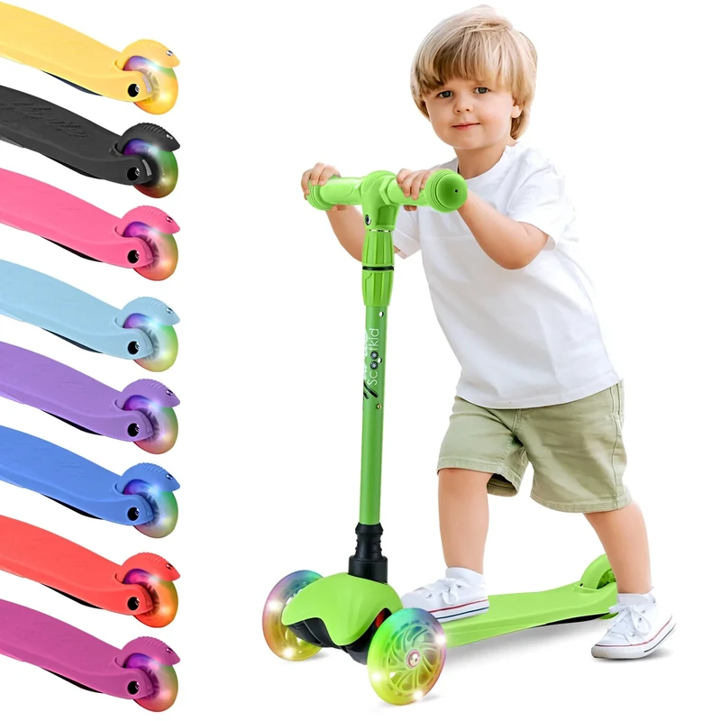 Hurtle Mini Kickboard Scooter for Kids - Height Adjustable 25''-28'', Lightweight 3-Wheel with LED Light-up Wheels, Anti-Slip,Indoor/Outdoor Fun, Micro Scooters for Ages 2-5 (Green)