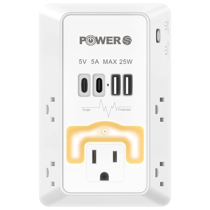 Multi Plug Wall Outlet with USB Ports(2C2A), Snug Wall Outlet with Night Light, Surge Protector, Wall Plug Adapter for Multiple Devices, Wall Socket Expander