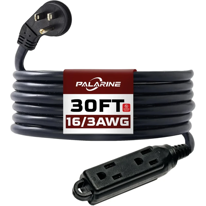 PALARINE Indoor Extension Cord Power Strip 3 Outlets Flat Plug, UL Listed, 16 Gauge 30 ft Black 3 Prong Heavy Duty, 16/3 SJTW 13A Outlet Extender