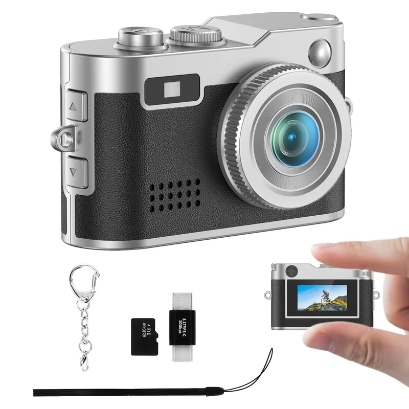 Mini Keychain Camera - 1080P FHD Mini Retro Digital Camera - Tiny Portable Small Cameras Vintage Compact Micro Cameras - Pocket Video Recorder with 16GB Card, OTG Adapters for Travel Study Recording