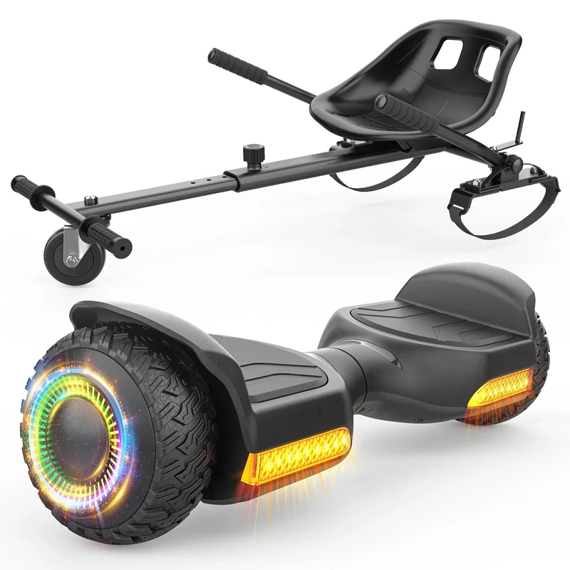 Gyroor Scooter with Adjustable Seat Attachment, 6.5" All-Terrain Self Balancing Scooter, LED Lights & Bluetooth for Kids and Adults, Black