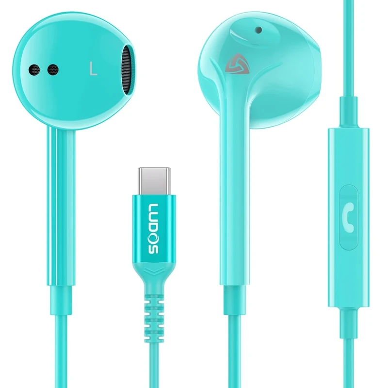 LUDOS Zenith USB C Headphones for iPhone 17 16 15 Pro Max Plus Air iPad Pro Air, 5 Years Warranty, USB-C Earbuds for Samsung Galaxy S24 S23 Ultra S22 S21 S20 A55 A54, USB Type C Earphones - Turquoise - Image 1