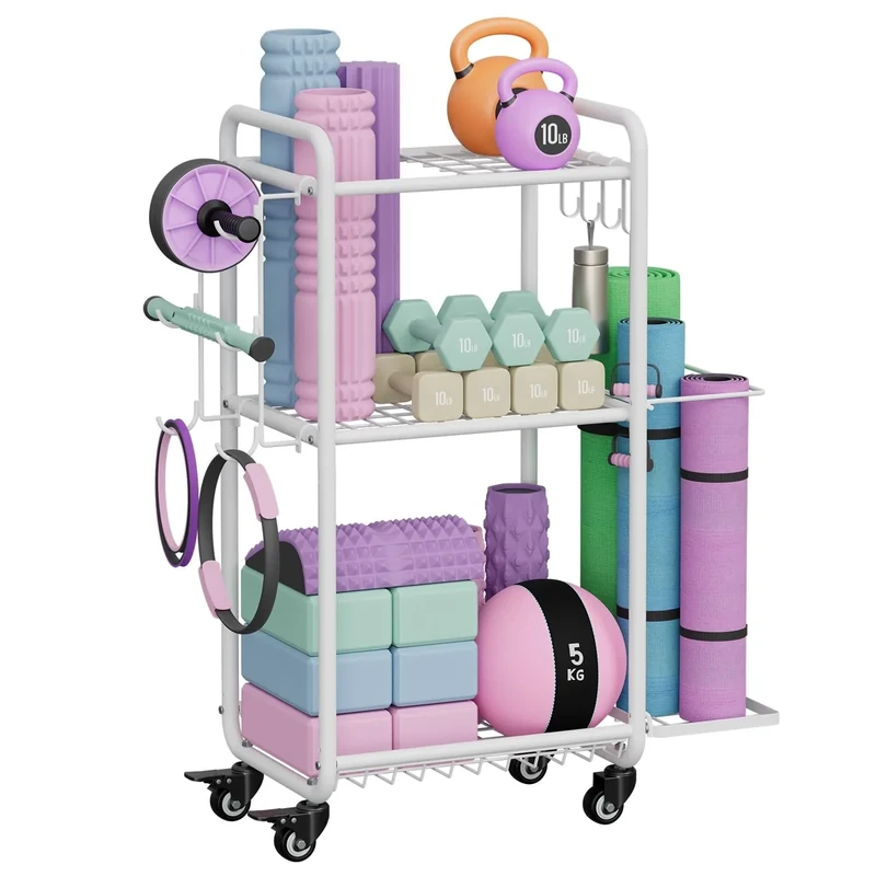 Multi-Functional Home Gym Storage Rack - Yoga Mat Storage Rack, Dumbbell Weight Rack & Workout Equipment Storage with Heavy-Duty Steel Construction for Gym Fitness Organizer (White)