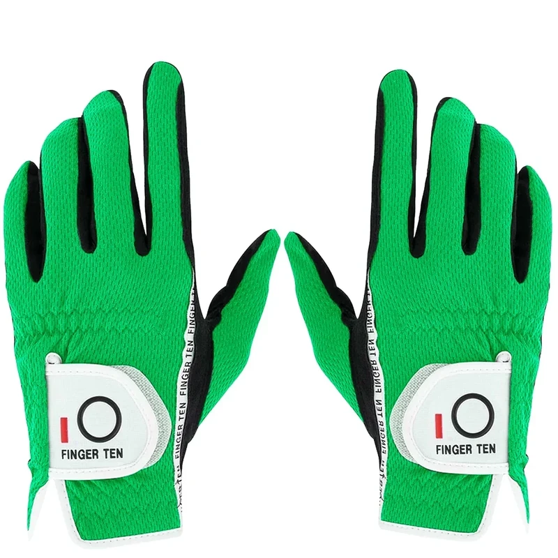 FINGER TEN Premium Rain Grip Men's Golf Gloves 1 Pair, Hot Wet Weather No Sweat Glove for Serious Feel & Performance, Left Right Hand Black Gray White Blue Fit Size S M L XL 2XL 3XL (Green, Small)