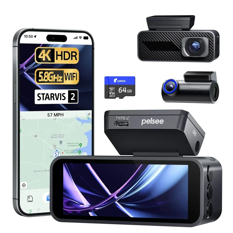 Pelsee P1 Pro 4K Dash Cam - 64GB HDR Front, 1080P Rear, Night Vision, GPS
