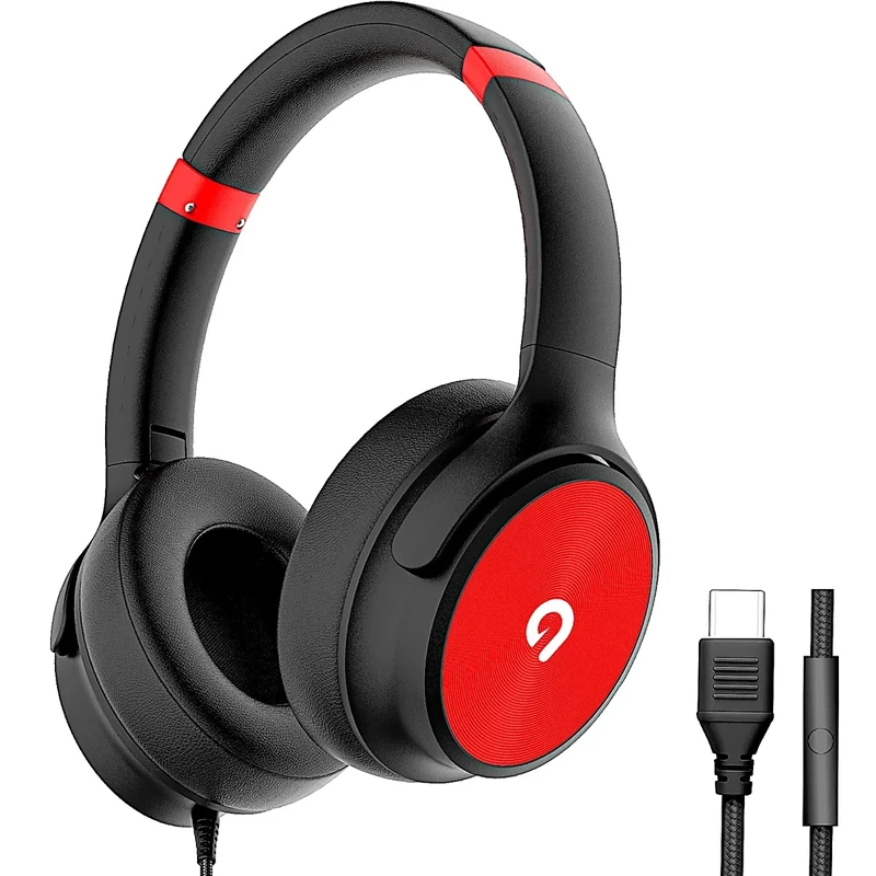 ADOOPE USB C Wired Over-Ear Headphones with Mic, Hi-Fi Stereo Sound, Noise-Isolating Ear Cups, Comfortable Fit for iPhone15/16, Samsung Galaxy S24/S23, Type-C Phones & Tablets (Black&Red)