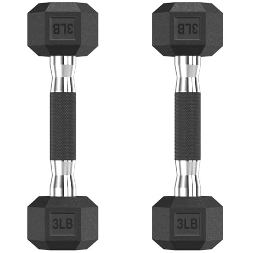 HANDBODE Hex Rubber Dumbbells - Enhanced Grip for Secure & Ergonomic Hold - Ideal for Strength Training and Home Gym Workouts, 3 LB Pair