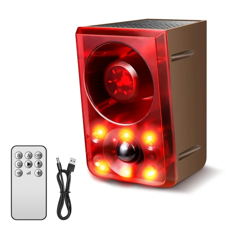 Solar Outdoor Motion Sensor Alarm, Dog Barking&Gunshot Sound,130db Loud Noise Maker,Support Recording,13 Kinds of Sound and Strobe Light to Deter Raccoons, Deer, Skunks, Bears, and Coyotes