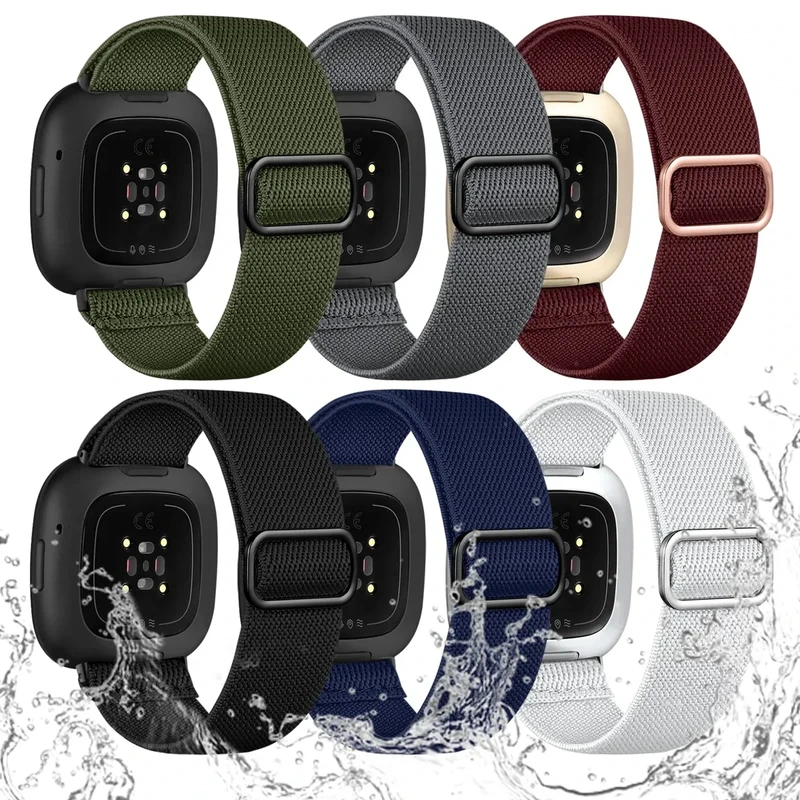 Ouwegaga Compatible with Fitbit Versa 3 Bands/Versa 4/Sense/Sense 2 Bands for Women, Water-Resistant Solo Loop Elastic Nylon Sport Strap Compatible with Fitbit Sense 1 2/Versa 3 4 Smartwatch, 6 Pack