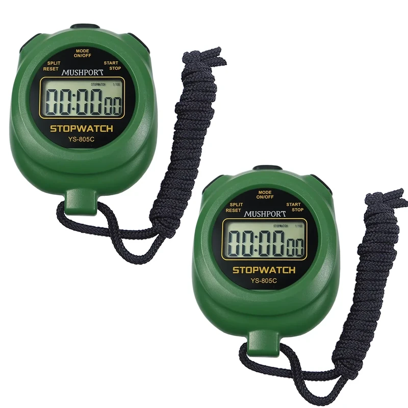 MUSHPORT 2 Pack Digital Stopwatch Sport Timer, ON/Off Countdown Large Display Simple Stop Watch for Sports Coaches PE-Teacher Referees, Green