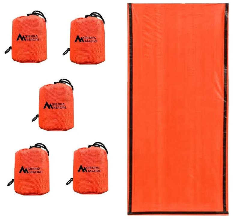 Sierra Madre Emergency Sleeping Bag – Ultralight, Waterproof Mylar Thermal Bivy Sack Tent for Hiking, Bug-Out Bags, Survival Kits – Emergency Survival Space Blanket for Heat Retention 5 Pack