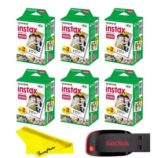 Fujifilm Instax Mini Instant Camera Film with Sandisk 32 GB USB Flash Drive + 6 x Mini Twin Packs (120 Sheets) and Buzz-Photo Microfiber Cleaning Cloth