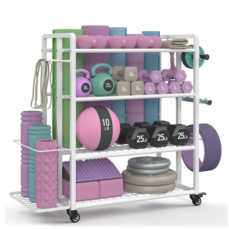 4-Tier Dumbbell Rack Stand Only, 600LB Capacity Adjustable Weight Rack for Dumbbells Kettlebells Yoga Mat, Home Gym Storage Rack with Wheels and Hooks, Powder Coated Finish (Large White)