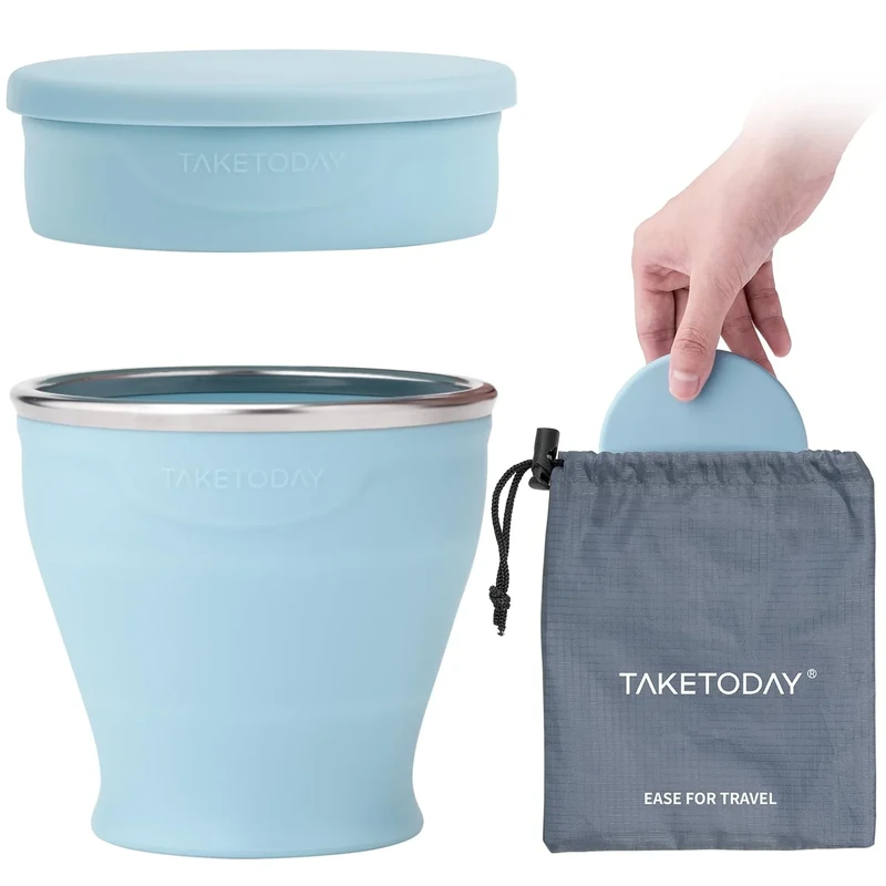 TakeToday Collapsible Travel Cup 8 Oz- Silicone Foldable Water Cup, BPA-Free with Lid & Waterproof Bag - Drinking Cup Set for Office, Camping & International Travel（Blue）