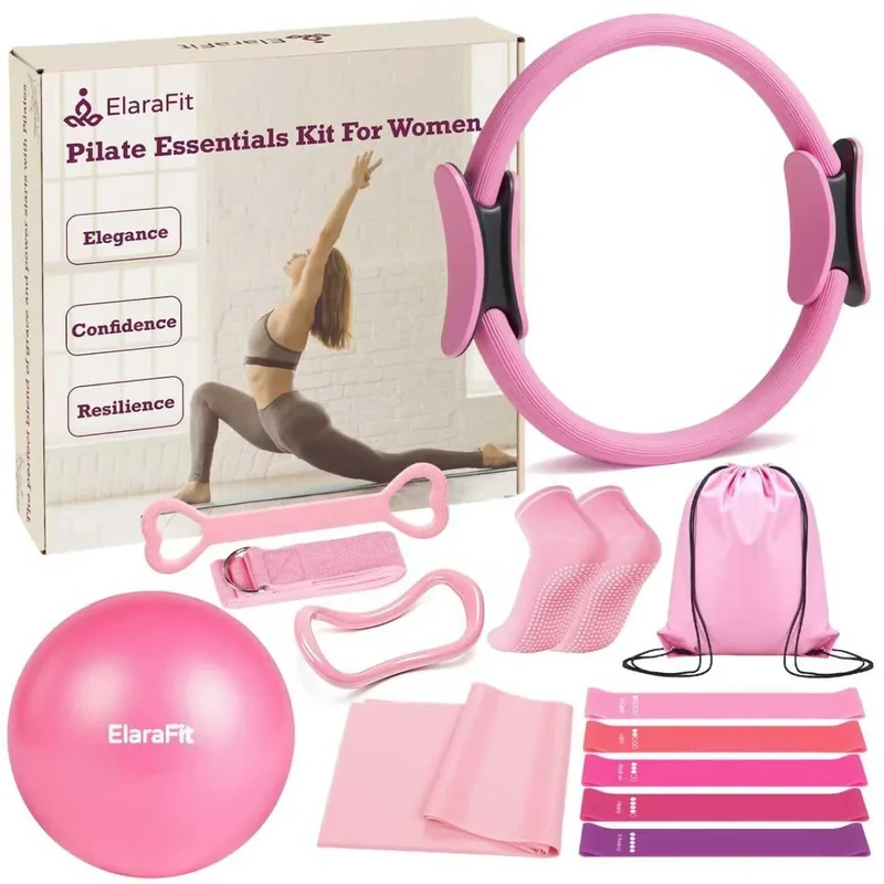 ElaraFit Home Pilates Ring and Ball Set for Women with 5 Resistance Bands 13 inch Magic Circle Workout Starter Kit for Beginners Full Body Toning 15 Min Daily Routine,Gradient Pink