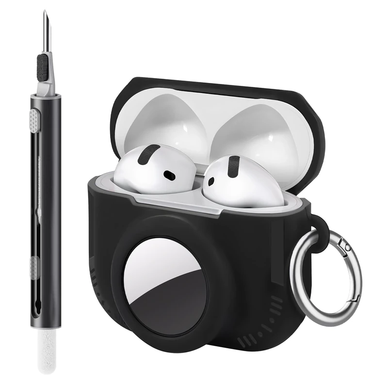 Seltureone Compatible with AirPods 4 and AirTag 2 in 1 Case, Soft Silicone Protective Case Cover Compatible with AirPods 4th Generation with Cleaning Kit & Carabiner - Black