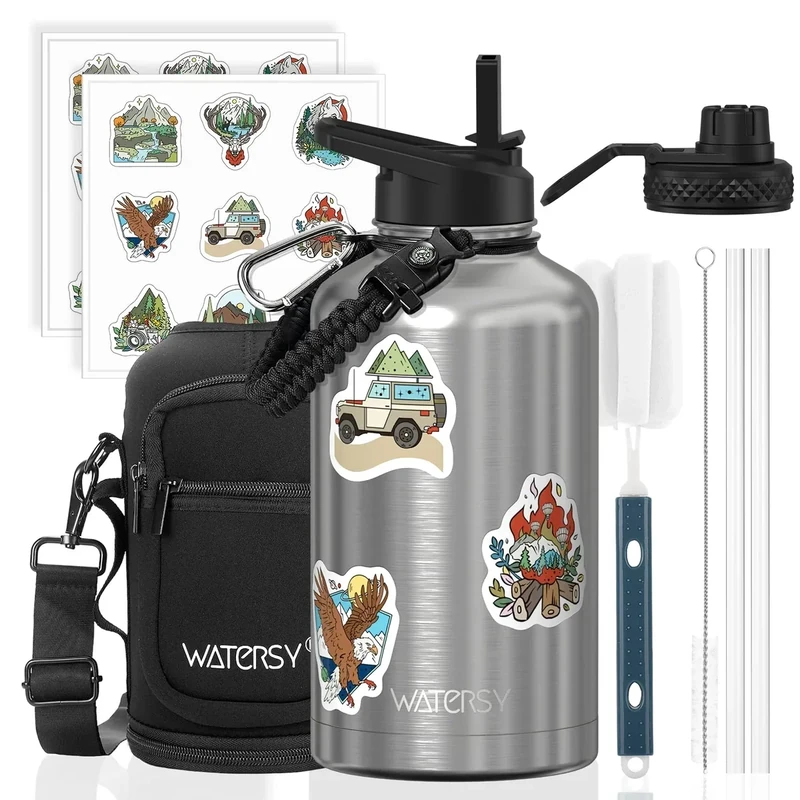 64oz Insulated Water Bottle (Cold for 48 Hrs),BPA Free&Leak Proof,Half Gallon Stainless Steel Water Flask,Water Jug with Straw Spout Lids for Gym,Hiking,Camping,Stainless