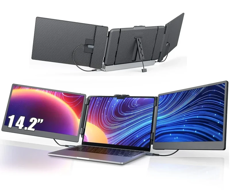 14'' Screen Extender Portable Laptop Plug-play, 1080P IPS Laptop Monitor Extender Built-in Speaker, HDMI/USB-A/Type-C Triple Monitor for 13''-17.3'' Laptops, Work with Mac, Windows, Chrome, Switch