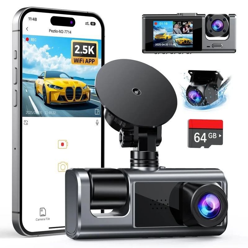 Galphi 3-Channel WiFi Dash Cam - 2.5K Front, 1080P Rear & Inside, 64GB