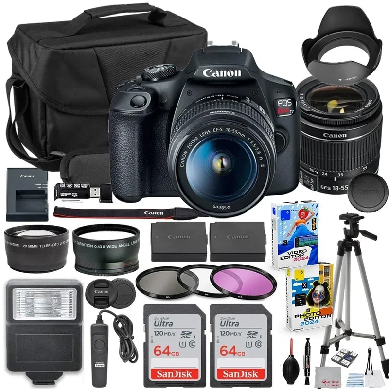 Canon EOS Rebel T7 DSLR Camera with 18-55mm Lens Bundle with Extra Canon Battery + 2X 64GB Memory Cards + Accessory Kit Including Bag, Flash, Remote, Aux Lenses, Software & More