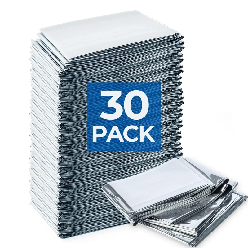 Emergency Blanket for Camping & Survival 30 Packs, 84" L x 52" W, Professional Grade Reusable Space Blanket, Provides Thermal Protection for Hunters, Hikers & Preppers in Snow and Cold Weather