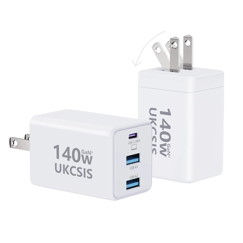 2Pack Mac Book Charger 140W, USB C Fast Charger Foldable 3-Port Multi-Device Fast Power Adapter, USB C Charger for MacBook pro/Air, Dell, Samsung Galaxy, iPad Pro, and More(White)