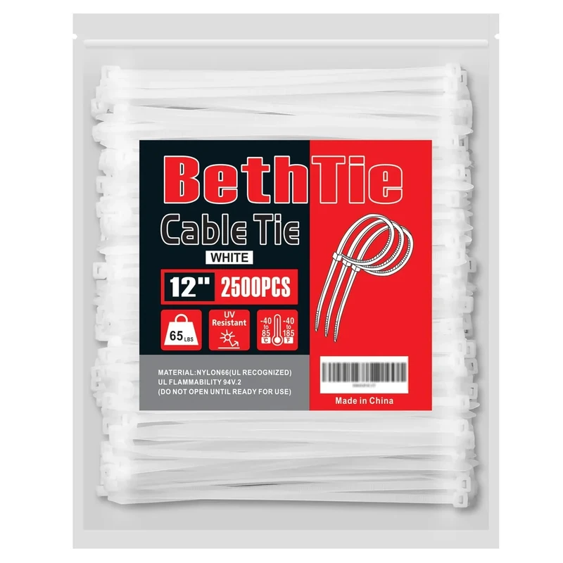 12 Inch White Zip Ties (2500 Pack), 65 LBS Tensile Strength, Self-Locking Nylon PA66 UV Resistant Cable Ties for Indoor and Outdoor Use