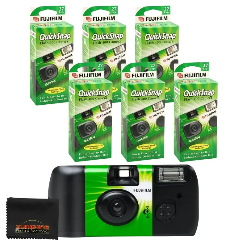 Fujifilm QuickSnap Flash 400 Camera, Fujifilm Disposable Camera with Flash, 27 Exposures with Sunshine Photo Microfiber Cloth (6 Pack)