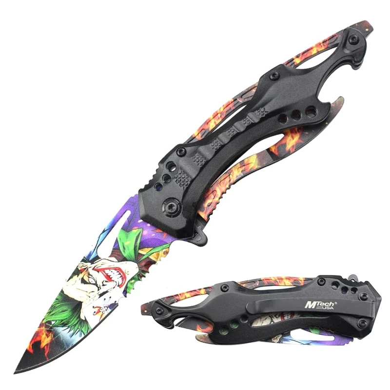 MTECH USA Folding Knife, 3.75-Inch Half-Serrated Blade, Titanium Coating, Glass Breaker, Pocket Clip (Black JK)