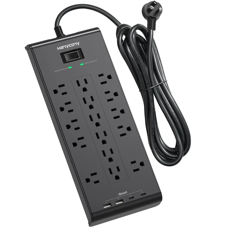 HANYCONY 10ft Protector - 16 Outlets, 4 USB (2 USB-C), 2700J, Flat Plug
