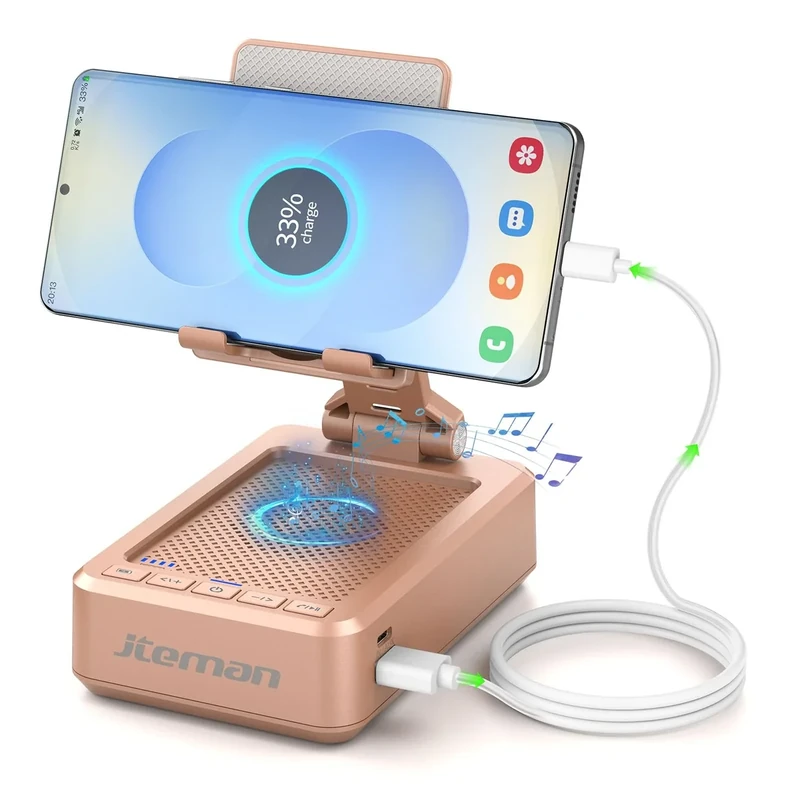 JTEMAN Cell Phone Stand with Bluetooth Speaker,HD Sound Adjustable Phone Holder,Birthday Gifts for Men Women, Cool Tech Kitchen Gadgets for Most Phones and Tablets-Rose Gold