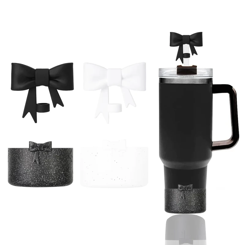 YAYAYOUNG Stanley Cup Accessories Set Including 2Pcs Glitter Silicone Boots for StanleyCup 40oz & 30oz Tumbler,2 Pcs Bow Straw Covers Cap Toppers for 0.4 in/10mm StanleyStraws(Bling Black & White)