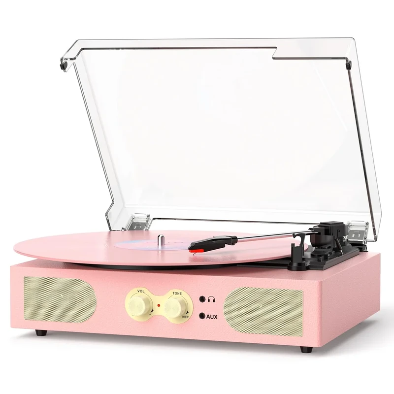 Vinyl Record Player with Built-in Speakers, Vintage 3-Speed Turntable, Bass/Treble Control, Headphone Jack, RCA/AUX Outputs, Belt-Driven LP Player, Pink