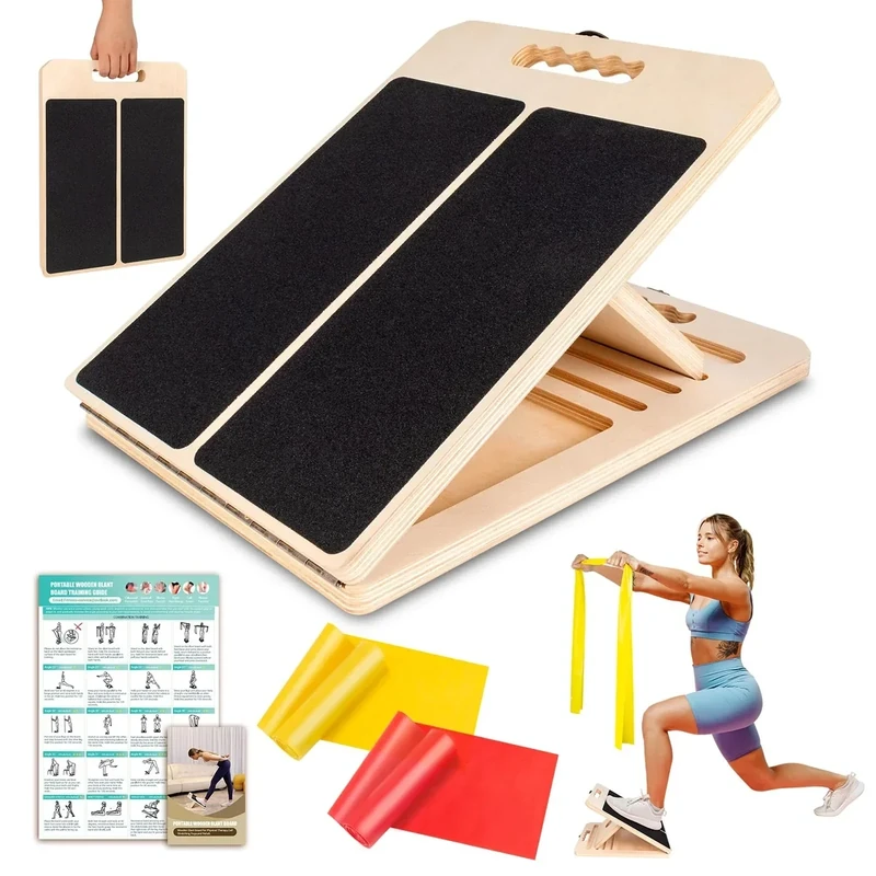 Wooden Slant Board for Calf Stretching, Portable Adjustable Calf Stretch Board with Training Poster & Resistance Bands, 300lb Weight Capacity Calf Ankle Achilles Physical Therapy Leg Exercisers