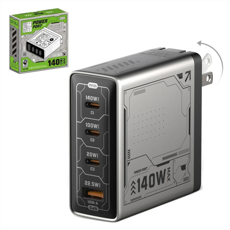 MFish 140W USB-C Laptop Charger - 4-Port GaN Power Adapter, Grey