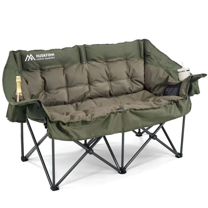 Double Camping Chairs Padded Loveseat Chair for 2 Person - Heavy Duty Oversized Camping Couch for Adults Outdoor Lawn Beach - Portable Folding Sofa with Cup Holders and Carry Bag, Green