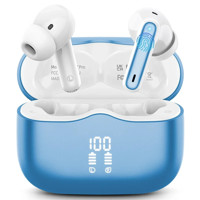 Xinwld Bluetooth 5.4 Earbuds - Lake Blue, 40H Playtime, IP7, LED