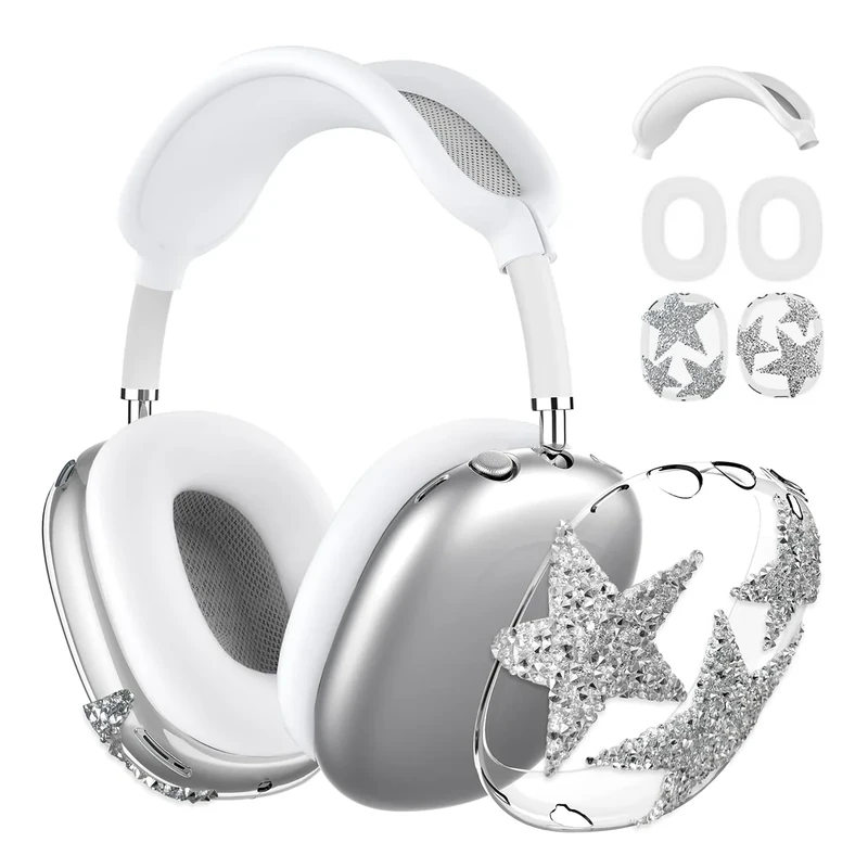 3-in-1 Case Cover for AirPods Max Headphones, Apple AirPod Max Accessory Protective Cover, Headband/Silicone Ear Pad/Clear TPU Shiny Rhinestone Star Ear Cups Covers, Anti-Scratch and Sweat-Proof